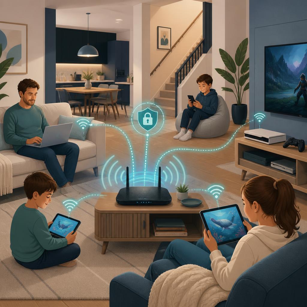 Family at home with multiple devices connected to a secure Wi-Fi router protected by network-level filtering