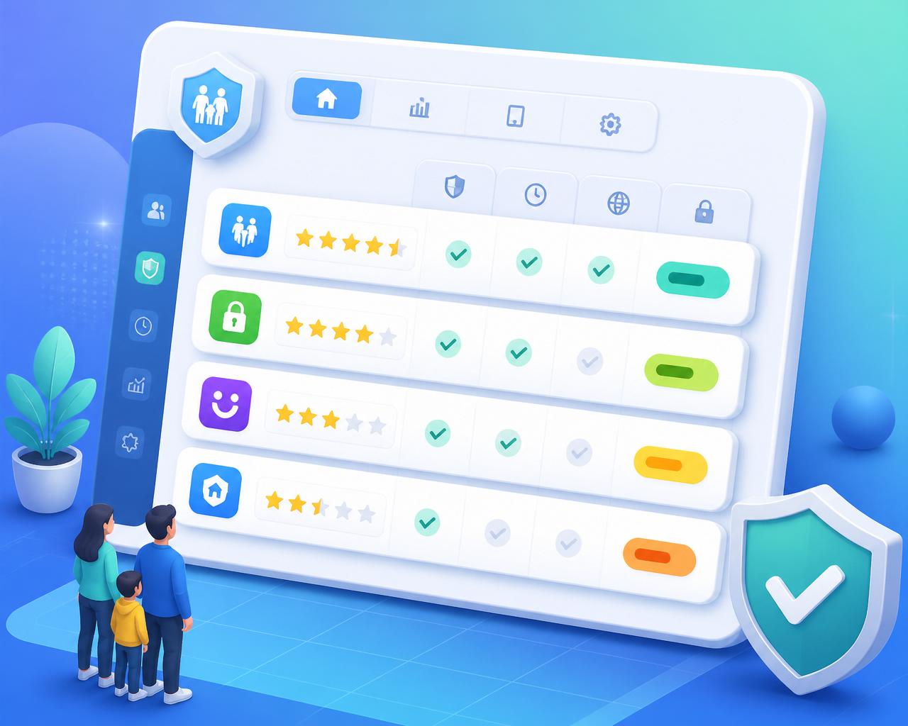 Comparison dashboard mockup showing parental control ratings