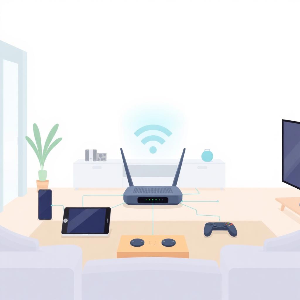 Home Wi-Fi router protecting multiple connected devices including phones, tablets, laptops, gaming consoles and smart TVs